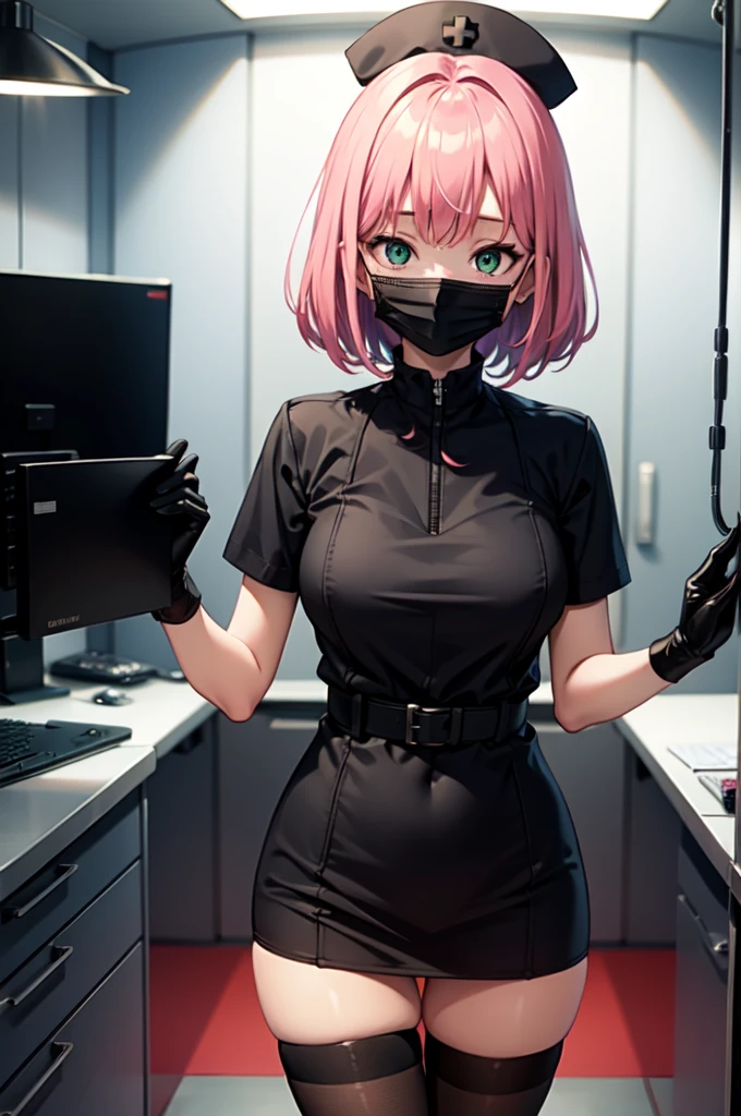 black nurse, 1girl, solo, black nurse cap, black nurse uniform, ((black legwear, zettai ryouiki)), black elbow gloves, pink hair, green eyes, drooping eyes, ((black surgical mask, covered nose)), standing, ((surgery room)), sharp outline, short sleeves, best quality, masterpiece