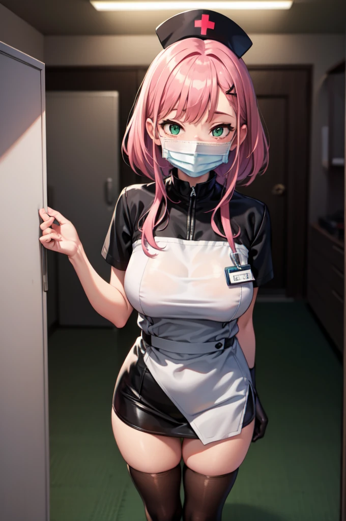 black nurse, 1girl, solo, black nurse cap, black nurse uniform, ((black legwear, zettai ryouiki)), black elbow gloves, pink hair, green eyes, drooping eyes, ((black surgical mask, covered nose)), standing, ((surgery room)), sharp outline, short sleeves, best quality, masterpiece