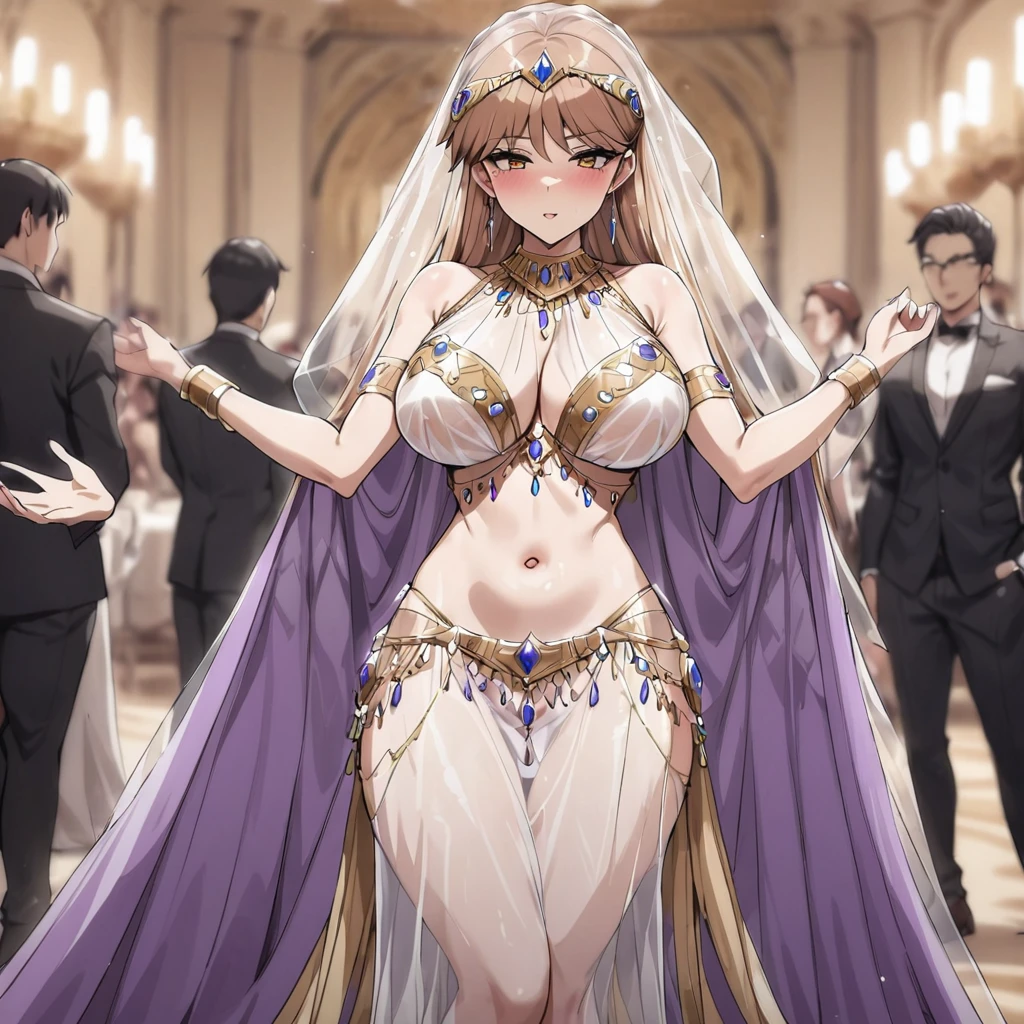 ((Highest quality)), ((masterpiece)), (detailed), (Perfect Face)、The woman is Princess Leona, wearing a purple, lavishly decorated, see-through belly dance costume with a see-through cape and a see-through veil. She has long, light brown hair.、At a ballroom party in a luxurious palace with many attendees, a woman is posing sexily and attracting attention.