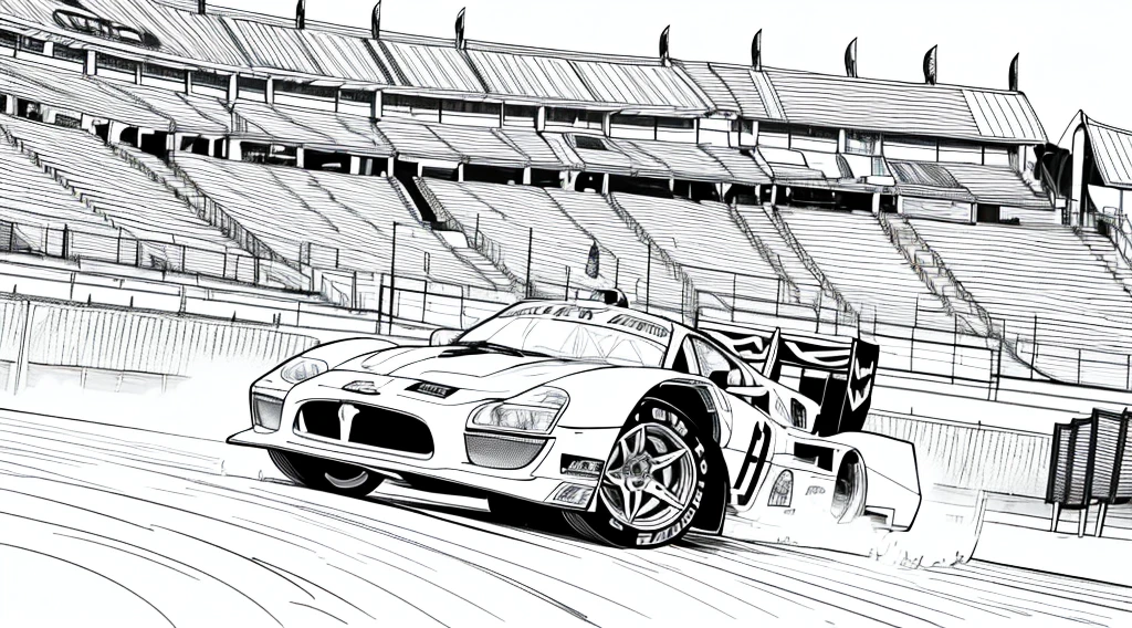 draw a coloring book page in black and white and color, car racing on a track, simple line, illustration, ink drawing, very visible thick outlines, clean lines, line art, clipart. A car is moving along the road, another one is catching up behind it. In the background - tribunes and scoreboard.