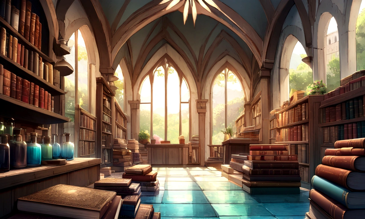 ((((masterpiece, Highest quality, High resolution)))),High detail, manga,anime,Illustration Style,Use of bright colors,Ghibli Studio,Similar to the colors used in daytime scenes, Medieval European fantasy world, Extremely detailed 8K, High detail, A shop by the pond built under a stone arch, Bookshelf, In the store々There are many products lined up, Magic book, Old books, And postcards, Both indoor and outdoor displays. The arches and walls are made of rustic stone, Gives a quaint and attractive look. The store is transparent, Smooth turquoise water surface, Colorful rocks visible beneath the surface. The sky is bright blue、Fluffy white clouds floating, And the sun is shining brightly, Create a magical and cozy atmosphere.
