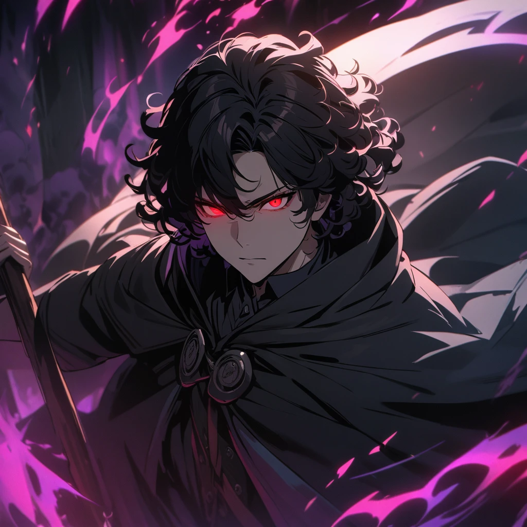 a handsome man with short black hair, curly hair, red eyes, dark aura surrounding him, 4k, masterpiece, cloak, glowing eyes, short hair, using scythe
