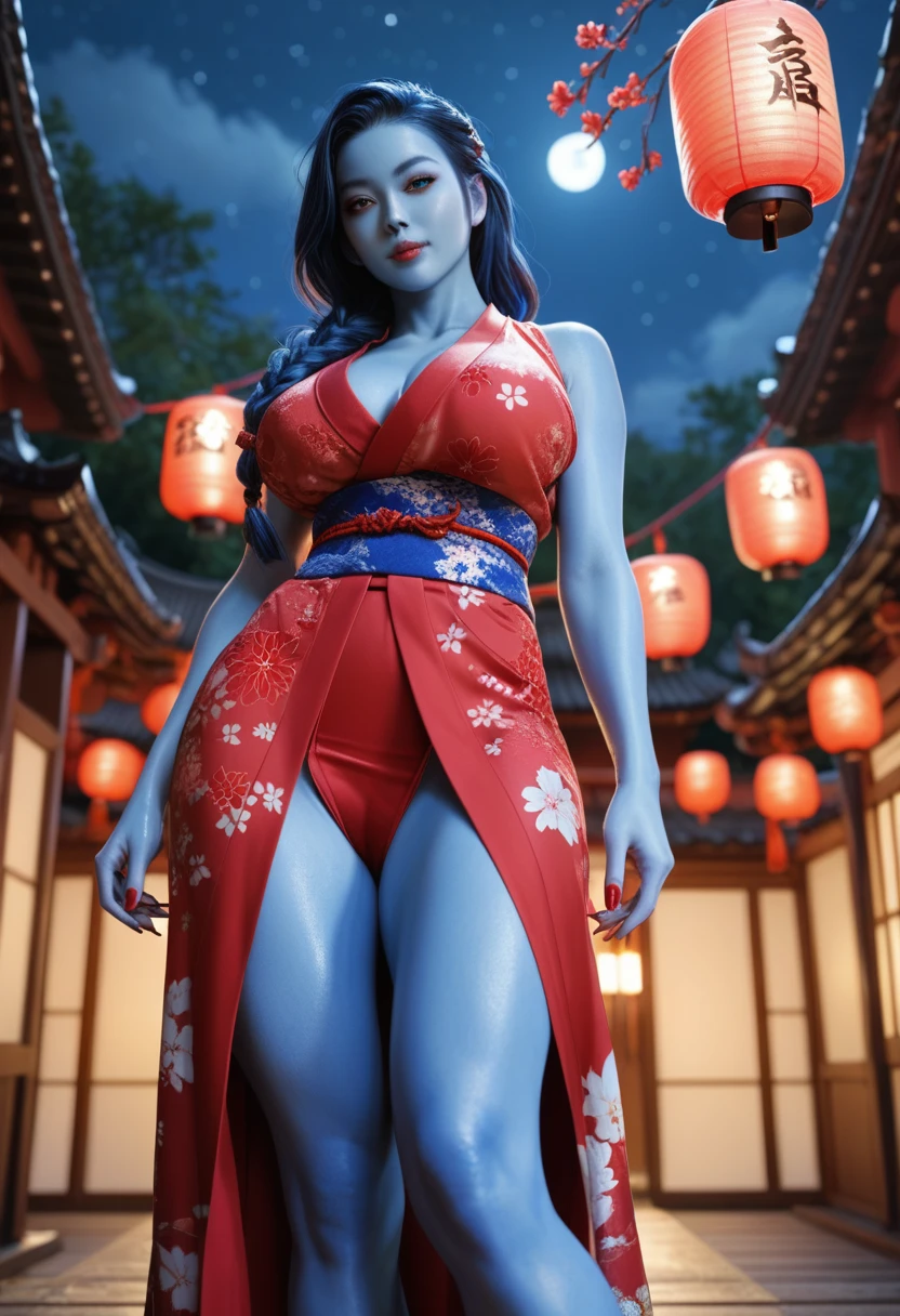 1girl, solo, long hair, breasts, looking at viewer, large breasts, dress, blue hair, standing, braid, thighs, japanese clothes, kimono, nail polish, lips, sash, night, colored skin, looking down, short dress, floral print, from below, red dress, red nails, blue skin, paper lantern, score_9, score_8_up, score_7_up