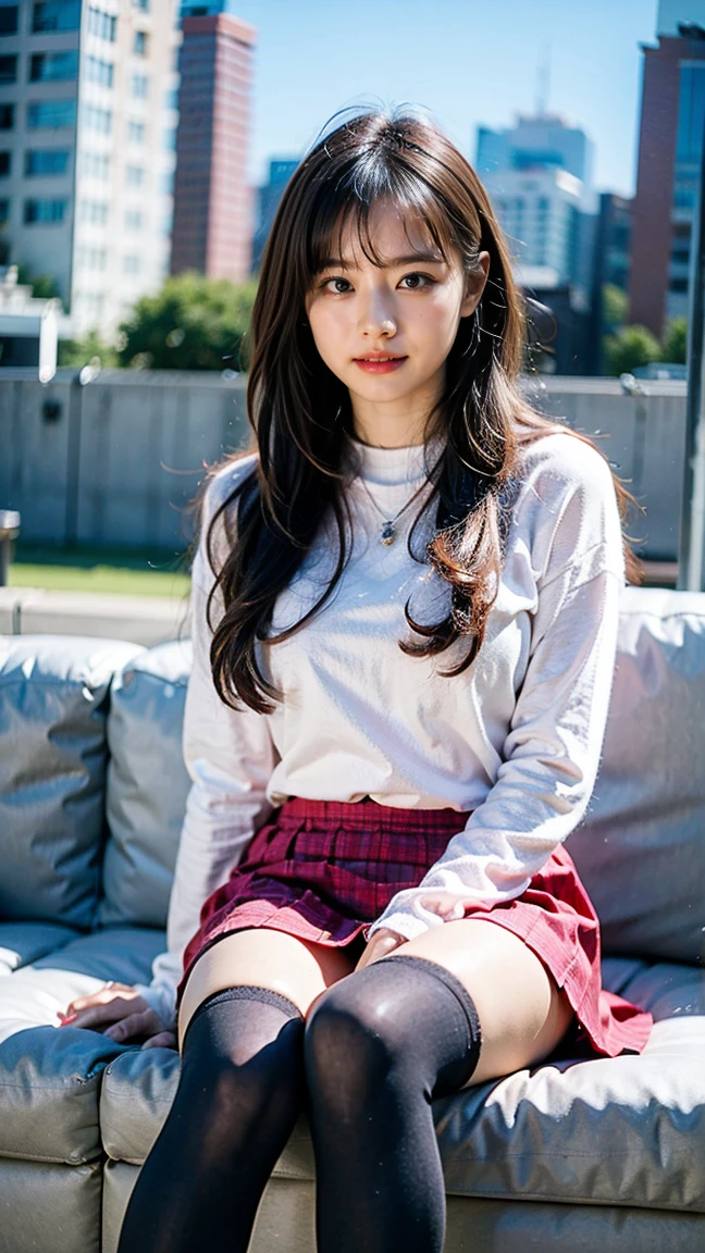 (8K、RAW Photos、Highest quality、masterpiece:1.2)、(Realistic、Realistic)、1 Girl、((city、smile、Pink knit、Black mini skirt、Ribbon on chest、blonde、Knee socks、boots、Big Breasts、look forward to、stand))、