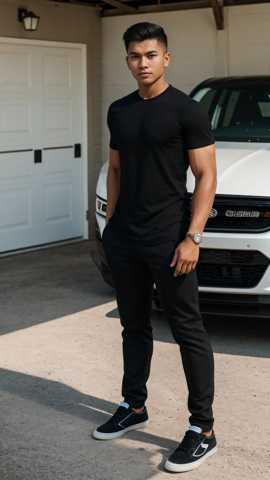 RAW, Best quality, high resolution, (masterpiece: 1.3), full body image, muscular Indonesian young woman in black shirt, pants, shoes, Masterpiece, young man face, cute man face, cleanshaven, bright skin, rough skin, fierce eyes, soft smile, standing straight in a garage, masculine gesture, strong expression, body facing viewer, looking to viewer, at noon, Great lighting, great sunlight, Bright colors, Ultra realistic clean lines, very realistic