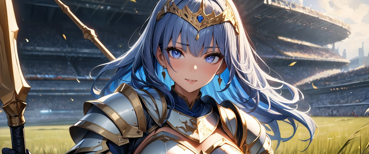 (Perfect Anatomy)、Mastepiece、Ultra High Quality、 8K、masterpiece、Highest quality、Ultra-high resolution、Maximum resolution、Very detailed、Professional Lighting、anime、Adult female、thin、so beautiful、Highly detailed eye、Highly detailed face、Armored Dress, Blue and white armor, , Golden decorated luxury tiara,Golden earrings,Frilly Armor,Blue Hair, blue eyes,White underwear、grassland, equipped with a spear, female spearman, lancer, Run across the battlefield and defeat your enemies