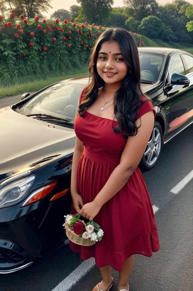 Selfie of a young chubby Indian girl wearing a red frock standing on a highway with a Mercedes in her background and she's holding a bouquet of roses with her eyes closed and smiling cutely