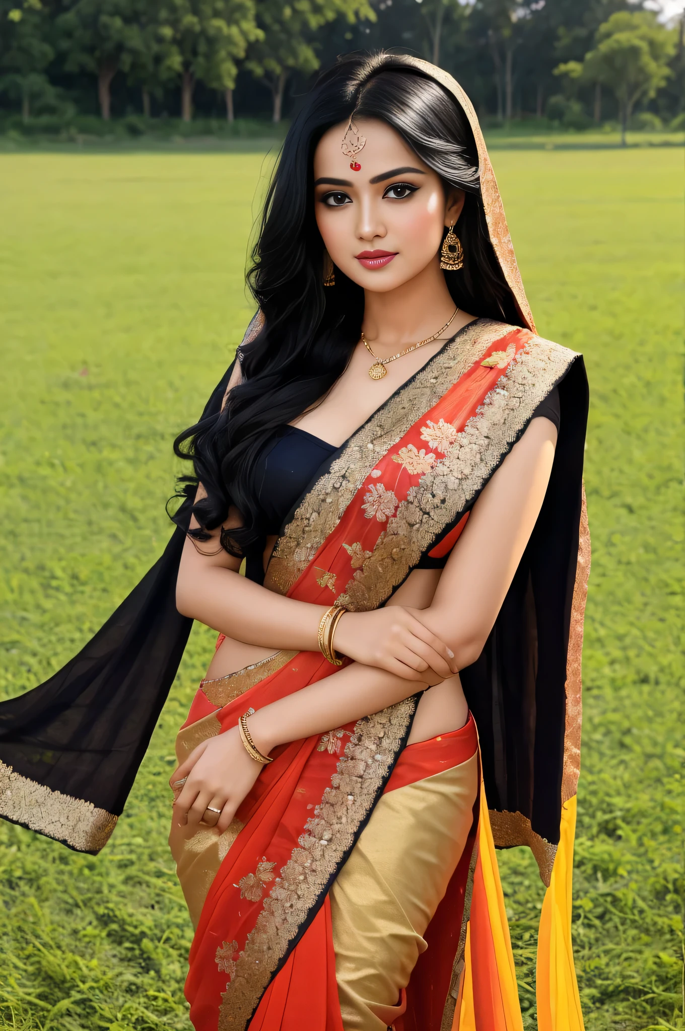 ((Best Quality)) A Confident and Stunning 22-year-old Young girl,
((Masterpiece)) Radiant and Attractive, Boasting Long, Glossy Black Hair,
in a Detailed and Elegant Formal Saree,
in the Realistic and Vibrant Setting of an Open Field,
against a Clear and Simple Background,
Captured in a High-Resolution, High-Quality Image.