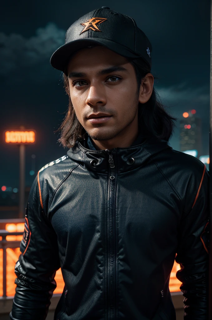 A breathtakingly detailed digital illustration by renowned artist DYHARTA, set against a dystopian, neon-lit cityscape, "Rudy HT" showcases a brooding, avant-garde emo male with a black baseball hat, adorned with metallic accents, amidst a backdrop of swirling, turbulent clouds, with hues of deep blues and purples dominating the atmosphere, accented by flashes of fiery orange and electric blue, exuding a sense of frenetic energy, with subtle, gradient-inspired textures and precise linework, rendered in ultra-high resolution, evoking a cinematic, sci-fi essence.