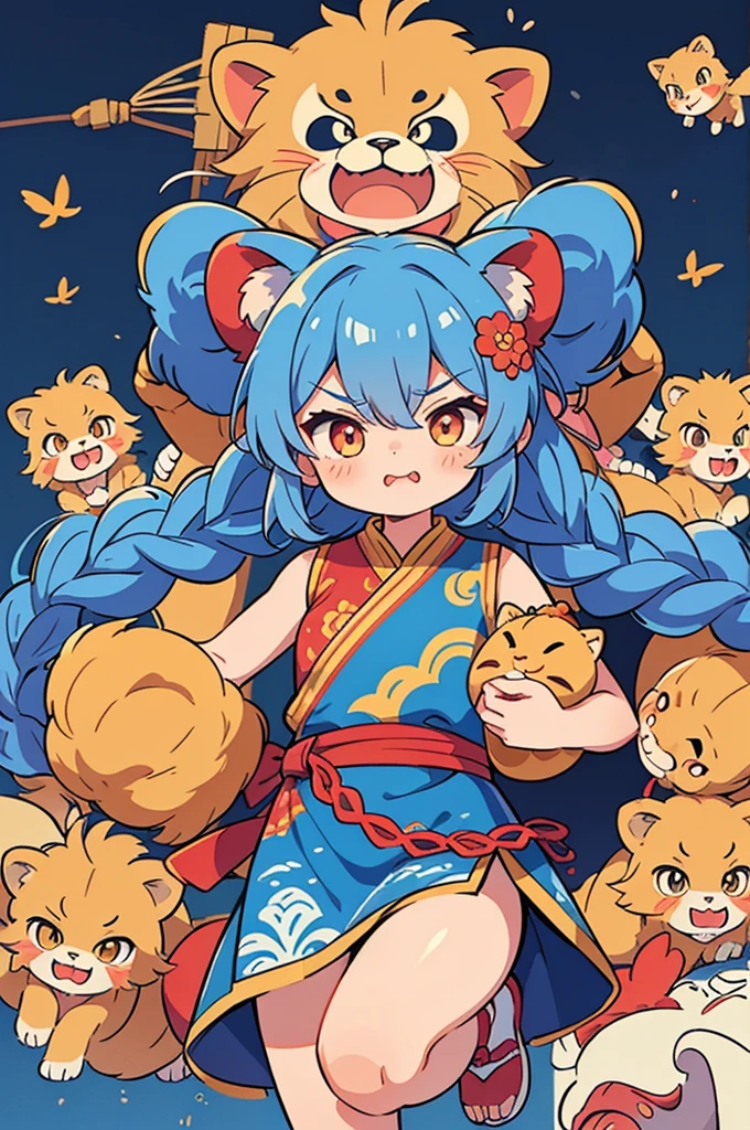 The image of this lion dancing girl is flexible and changeable,Full of rich imagination。Her basic shape is a lively and cute little lion,Wearing traditional blue lion dance costume,Embroidered with red patterns。Wearing a lion head mask,The eyes on the mask are shining,Angry expression。Her long hair was braided into tiny braids,Hidden in the lion's mane。Q version image,To line the drawing