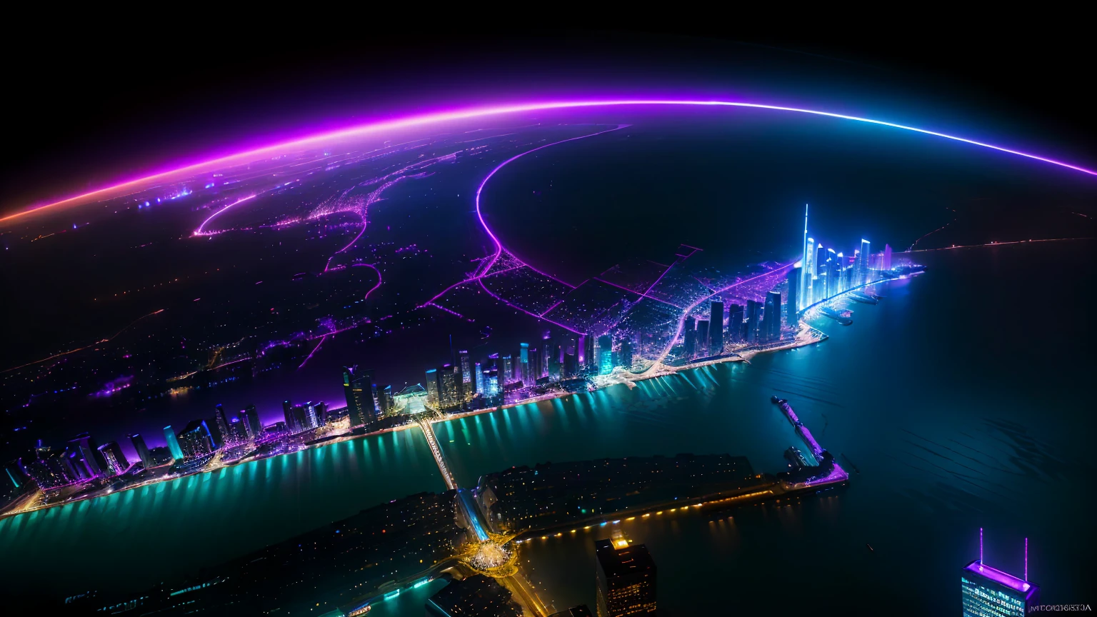 conceito:(((This is an aerial photographic masterpiece of a near-future city, portraying a cyberpunk worldview.)))。 品質:(mais alta 品質, 4K, 8K, high resolution, work of art:1.2), super verbose, (realisitic, fotorrealisitic, fotorrealisitic:1.37), lighting:cinematic light, Bright colors and mesmerizing effects in shades of purple and blue, contrast between darkness and bright light, shadows and highlights, SF Elements, Subject information:Aerial photo of Cyber City, From above, skyscraper, arquitectura futurista, Bright neon lights, Amazing skyline, advanced technology, ((hovering vehicle)), (((Uma bela imagem de uma cibercidade desenhada na perspectiva From above:1.3))) Outros detalhes: lively atmosphere, Holographic advertising, cyberpunk aesthetic, bluish tones, some stars shining in the sky, Space background, emerging technologies, urban density, energy and excitement, Metropolis of the future, Attractive composition, neon glow, rich colors, soft brushstroke technique, detailed texture, impressive scale, (((cyberpunk project))), Design elaborated, impressive scale, 大気lighting, captivating details, captivating visuals, artistic, 500㎜, f/4, photoshoot,