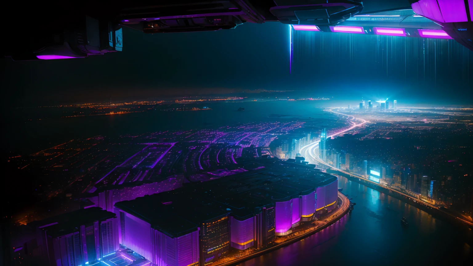 conceito:(((This is an aerial photographic masterpiece of a near-future city, portraying a cyberpunk worldview.)))。 品質:(mais alta 品質, 4K, 8K, high resolution, work of art:1.2), super verbose, (realisitic, fotorrealisitic, fotorrealisitic:1.37), lighting:cinematic light, Bright colors and mesmerizing effects in shades of purple and blue, contrast between darkness and bright light, shadows and highlights, SF Elements, Subject information:Aerial photo of Cyber City, From  above, skyscraper, arquitectura futurista, Bright neon lights, Amazing skyline, advanced technology, ((hovering vehicle)), (((Uma bela imagem de uma cibercidade desenhada na perspectiva From  above:1.3))) Outros detalhes: lively atmosphere, Holographic advertising, cyberpunk aesthetic, bluish tones, some stars shining in the sky, Space background, emerging technologies, urban density, energy and excitement, Metropolis of the future, Attractive composition, neon glow, rich colors, soft brushstroke technique, detailed texture, impressive scale, (((cyberpunk project))), Design elaborated, impressive scale, 大気lighting, captivating details, captivating visuals, artistic, 500㎜, f/4, photoshoot,