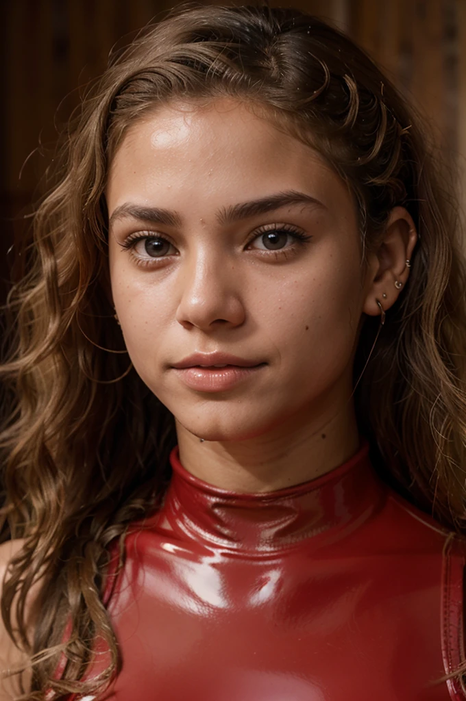 anne frank girl, (very young, adolescent), (curly blond mullet, very small breasts, very skinny, nose ring), (red latex bodysuit), (close shot, face shot, intimate camera, cinematic)
