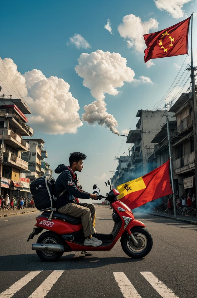 “Explore powerful images of resilience amidst chaos with this thought-provoking composition.   the symbols behind the clouded face;  Look for the 'MYANMAR' jersey and a riotous background that reflects current events, a young man sitting on a chair, a Myanmar flag flying high, smoke on the road, etc.