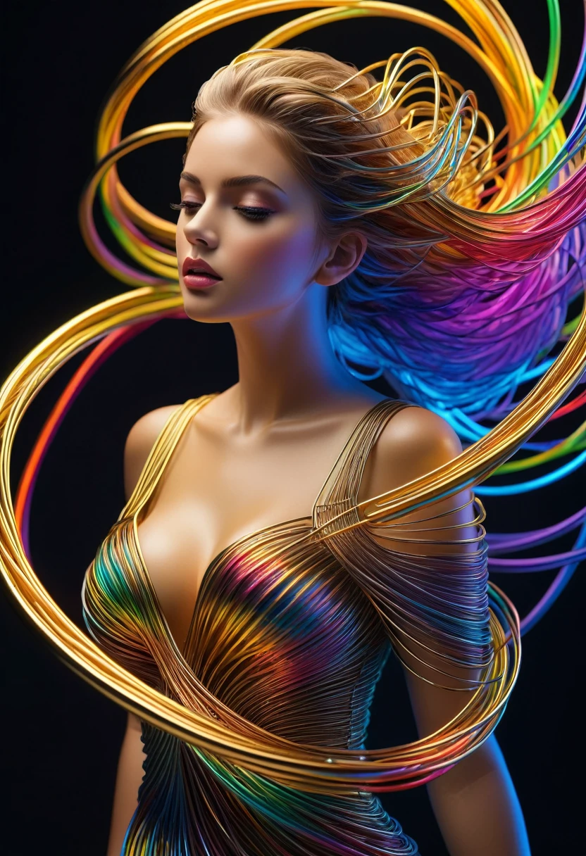 (line art:1.5)，colored lines，a beautiful girl,model shoot style,abstract paintings, (Extremely detailed CG unified 8k wallpapers), A chaotic storm of lines emerges from a complex rainbow of smoke overhead., Stylized abstract portrait of a beautiful girl,Heavy metal style，postmodern industrial style，ultra-realistic realism，Image of a beautiful woman sculpture made of fine metal wire, golden curve structure, Woman sculpture made of wire., Spiral dripping gold, Composition of metal curve., winding streets, abstract female sculpture, Small jacuzzis, abstract sculpture, spin, turned, complex metal wires, spirals, long exposure photos, elegant line, complex light