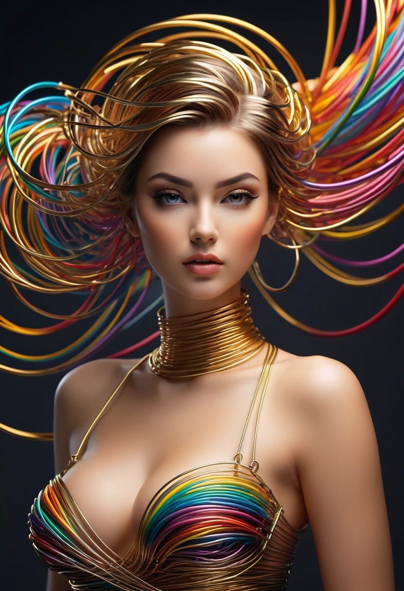 (line art:1.5)，colored lines，a beautiful girl,model shoot style,abstract paintings, (Extremely detailed CG unified 8k wallpapers), A chaotic storm of lines emerges from a complex rainbow of smoke overhead., Stylized abstract portrait of a beautiful girl,Heavy metal style，postmodern industrial style，ultra-realistic realism，Image of a beautiful woman sculpture made of fine metal wire, golden curve structure, Woman sculpture made of wire., Spiral dripping gold, Composition of metal curve., winding streets, abstract female sculpture, Small jacuzzis, abstract sculpture, spin, turned, complex metal wires, spirals, long exposure photos, elegant line, complex light