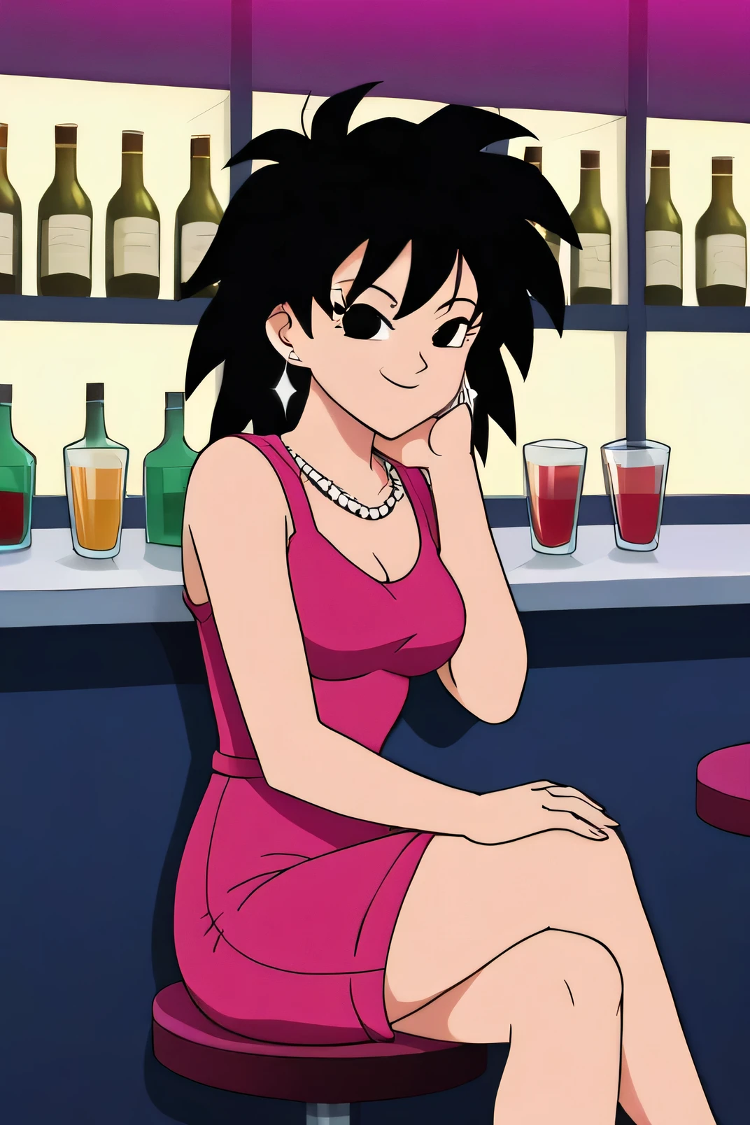 source_anime, score_9,score_8_up, score_7_up, ginedb, anime screencap, 1girl, solo, looking at viewer, smile, medium breasts, black hair, city, bare shoulders, medium breasts, smile, cowboy shot, medium hair, black eyes, spiked hair, eyelashes, masterpiece, best quality, very aesthetic, absurdres, jewelry, sitting, head rest, arm_support, thighs, earrings, indoors, pink cocktail dress, in a classy hotel lobby, sitting at the bar, pink sleeveless silk dress, deep v, silver necklace,