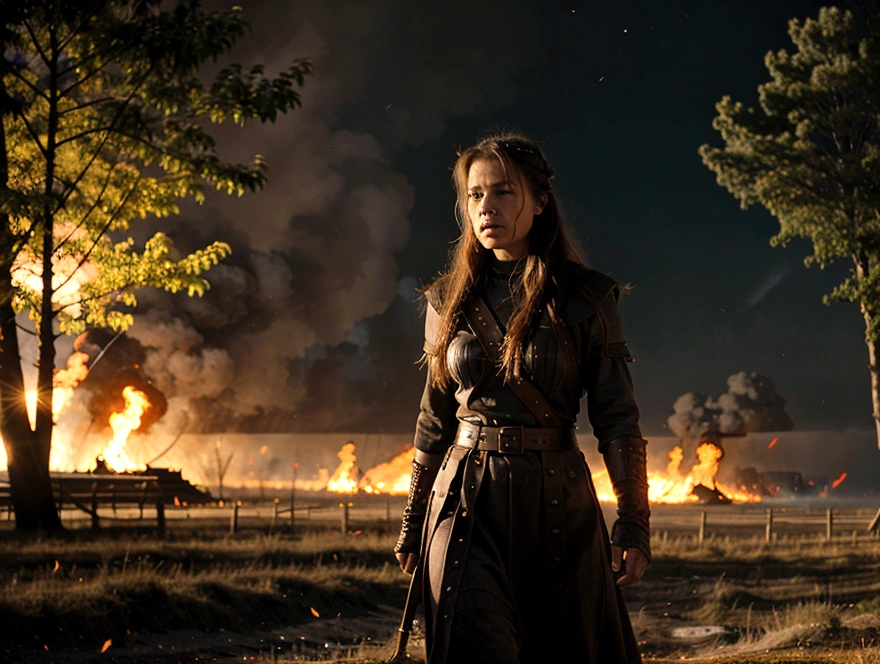 angry viking woman, battlefield, trees in fire