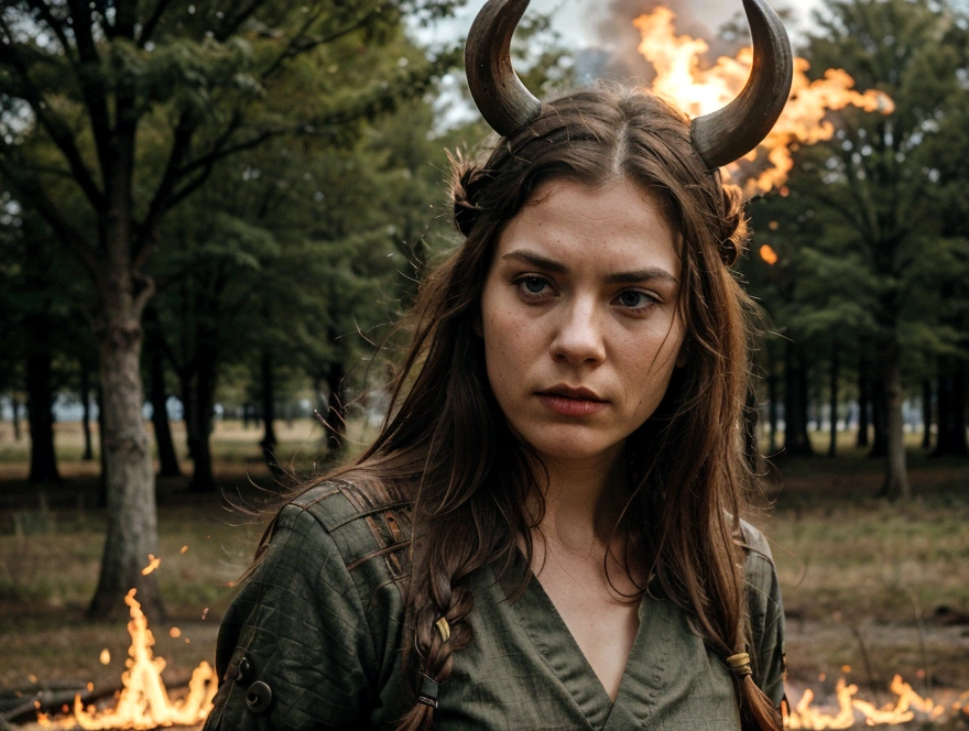 angry viking woman, battlefield, trees in fire