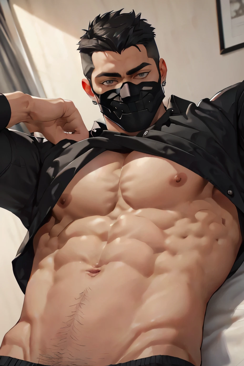 ((the best quality)), ((Masterpiece)), (details), perfect face, high definition, Masterpiece,4k,details clearly, Handsome face, white skin, perfect body, male body, strong muscles, abdomen, Gray eyes, white skin, The most handsome man in the world, handsome, The coolest face, Male characters, close image (1man, shirtless), young man, Extremely muscular tall man, open your eyes ((detailed eyes)), huge, muscular body and Massive, bulging pecs, muscular abs, narrow waist, short hair, gray eyes, delicate big eyes, carefree expression, clear face, handsome (detailed face, perfect face) ((extremely realistic shadows, bodybuilding posture, human, V shape, Shirtless, topless, close up look, CG sense, Textured skin, the best quality, Storytelling images, Show your abs, show arm muscle, Black hair, shining gray eyes, eyes contact, high school, bracelets, rings, guy, Ear-piercing, black frame glasses, black briefs, FLAT-TOP UNDERCUT, in the room, the hottest young adult, seductive eyes, black male underwear, show your arm, black mask, cool mask