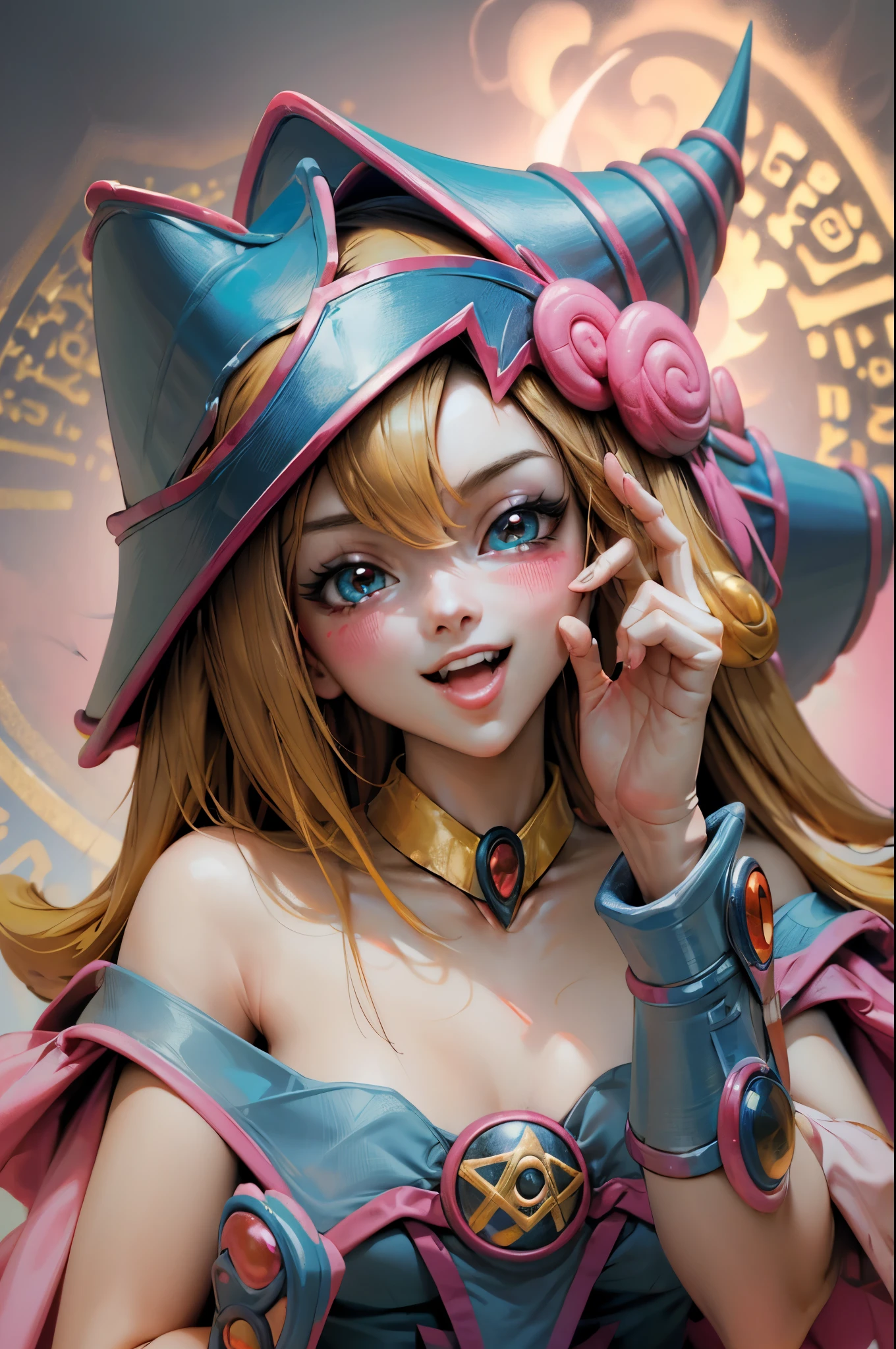 Create the beautiful face of dark magician gils. blue eyes. pink lips. white tea. blond hair. girl smile. Uncovered shoulders. Necklace on the neck. dark wizard gils face. His hands make the sign of peace and love. Peace and love in your hands.