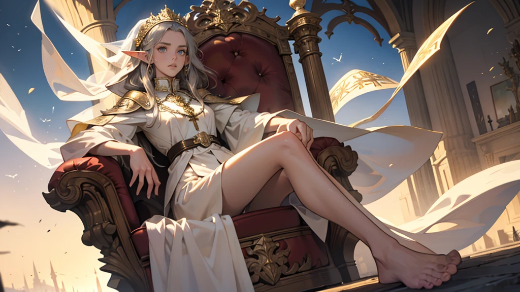 masterpiece, ultra detailed, 8K Portrait, Raw photo, a portrait photo of girl, Highly detailed face, beautiful and meticulous eyes, ((Fantasy)), (elf:1.0), 1woman, 30 year old, gray long hair, brown eyes, (melancholy expression:1.2), tiara, skinny, (ultra thin transparent gold silk cloth), hooded long white coat Fluttering in the wind, ((bare foots)), Midday Sun, Hyper realistic, out of medieval castle in the sky, sitting on the throne, Ambient lighting, Shadow details , strong breeze, Light fog