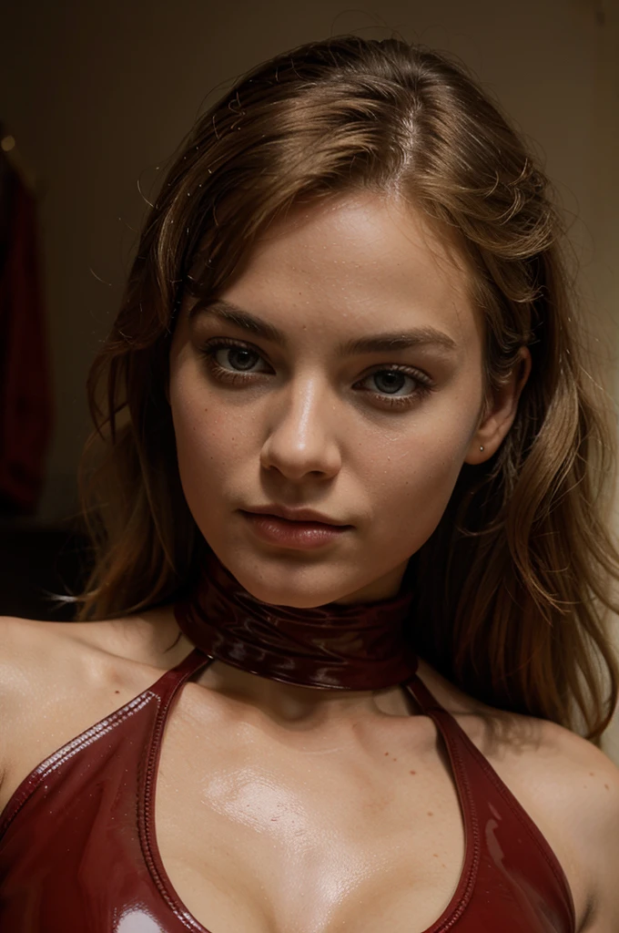 margot robbie girl, (very young, adolescent), (curly blond mullet, very small breasts, very skinny, nose ring), (red latex bodysuit), (close shot, face shot, intimate camera, cinematic)