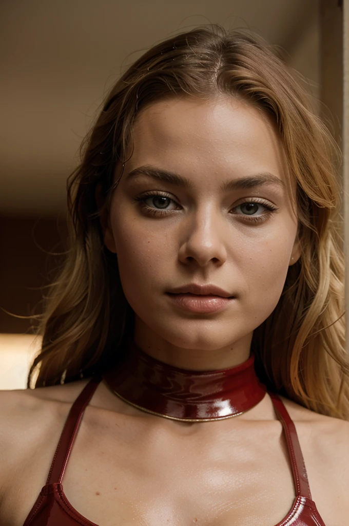 margot robbie girl, (very young, adolescent), (curly blond mullet, very small breasts, very skinny, nose ring), (red latex bodysuit), (close shot, face shot, intimate camera, cinematic)