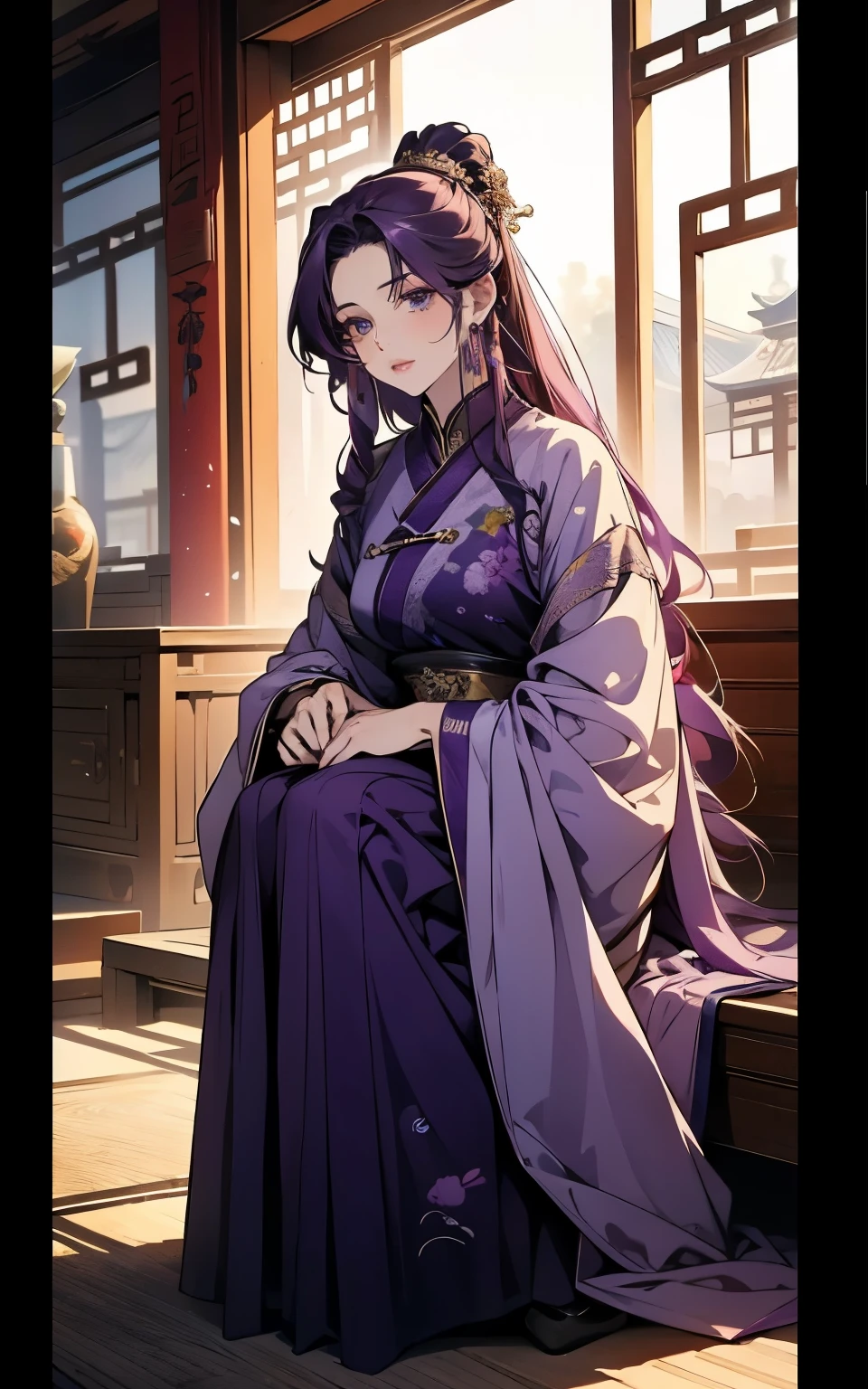 1 middle-aged women, (45 years old), long purple hair, blue eyes, chinese clothes, (!PURPLE! clothes, ultra long skirt ), purple chinese room, portrait