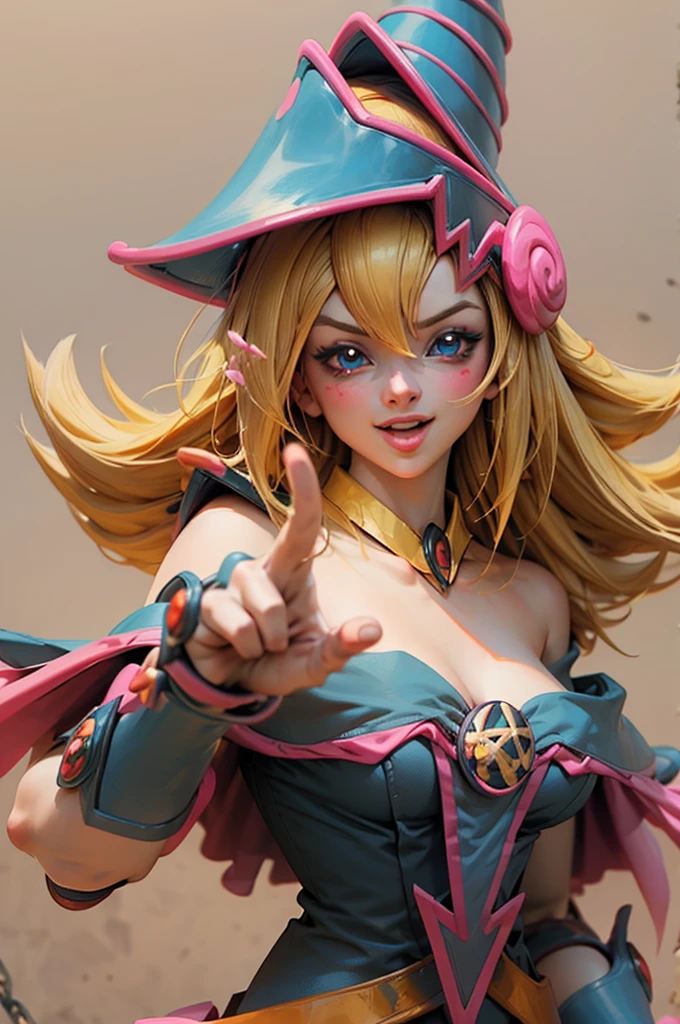 Create the beautiful face of dark magician gils. blue eyes. pink lips. white tea. blond hair. girl smile. Uncovered shoulders. Necklace on the neck. dark wizard gils face. His hands make the sign of peace and love. Peace and love in your hands.