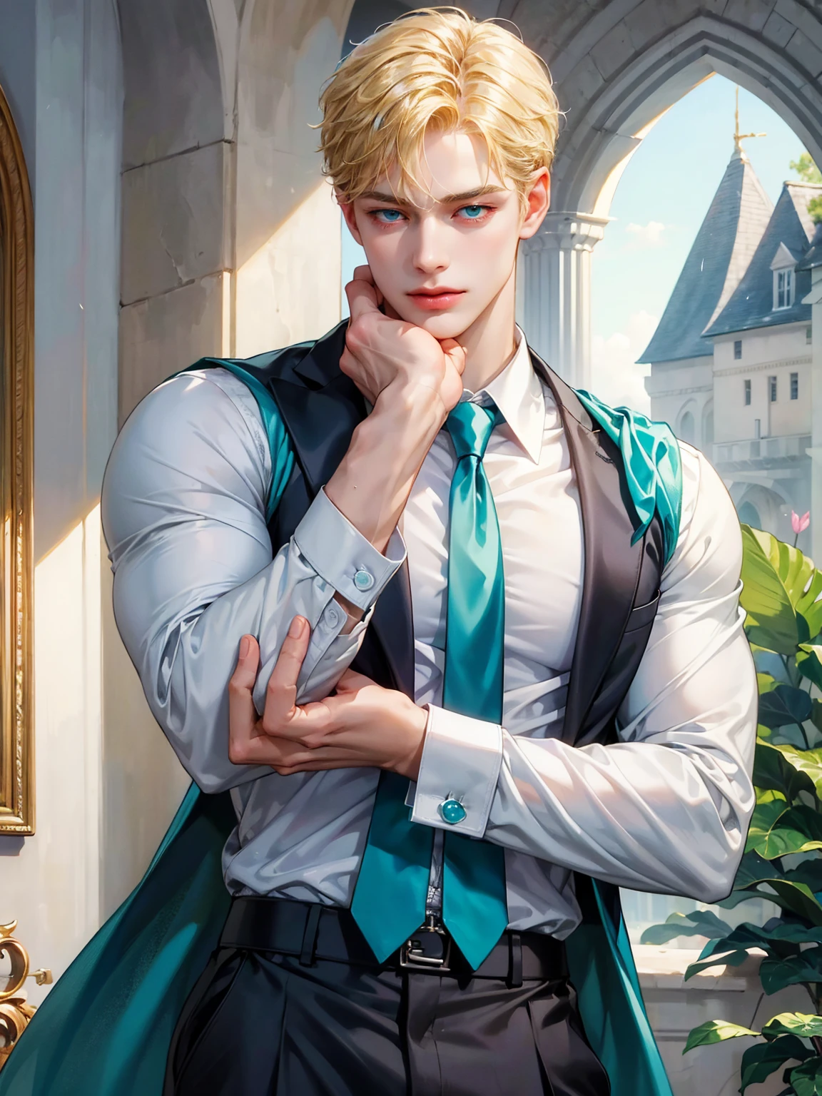 A boy, short blonde hair, sky blue green eyes. He wears a white shirt with a fuchsia tie. He has grey pants. Handsome boy, detailed eyes, detailed face, detailed hands. He has his hands in his pockets. He looks at the viewer. Full figure. Background a castle