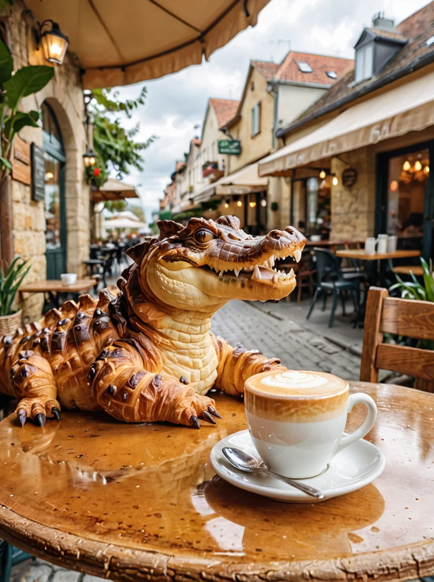 A croissant made to resemble a sitting crocodile,Sipping cappuccino at a cozy cafe table