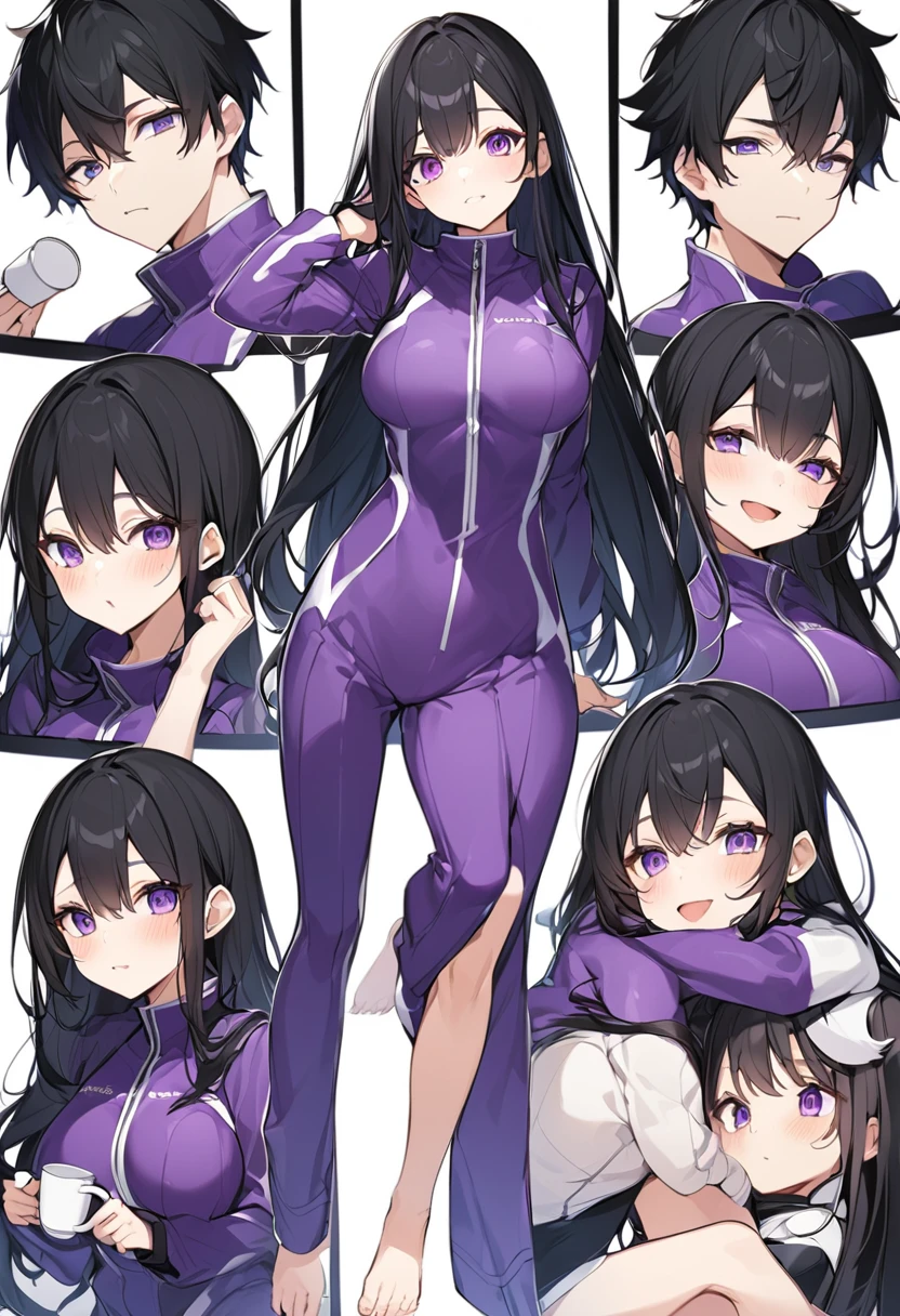 Wearing a purple diving suit、barefoot。hair is black、Purple eyes。Breasts are K cup。The skin is white and、Long hair。Has one brother and one sister。My sister has an E cup。All of them have black hair。6 siblings。It's like diving into the ocean and looking at the coral reefs and fish.。Like we're lined up on the beach with the beach housey brother is wearing a black diving suit.。I have one older brother.。I have five sisters.。A total of 6 people including myself。