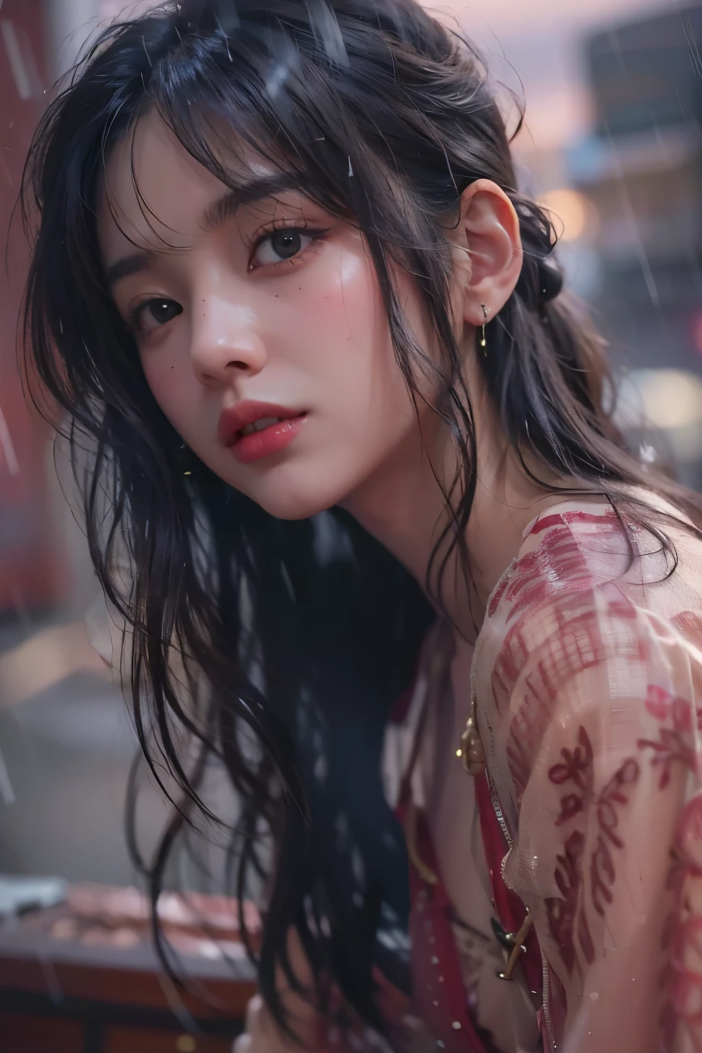 (((profile)))、((cowboy shot))、((girl in 1))、(seeing the view)、(In my 20s)、((Black hair long hair))、((Patchoon bangs))、((pony tail))、(A regretful expression)、pink makeup、(Reddish-brown eyes)、(photoreal stick:1.2)、In 8K、(high quality shadows)、Beautiful delicate face with details、Beautiful and delicate eyes with details、Cute K-Pop Idol、(korean urzan face)、(Ulzzang-6500-v1.1:0.6)、Glow Eyes、perfect body、Natural color reproduction、bright red lipstick、light나는 머리카락、Description Beautiful delicate hair、(shiny skin)、cloudy ash sky、light、Red see-through dress、It's raining a lot、Your hair and clothes are wet、Buildings wet in the rain、