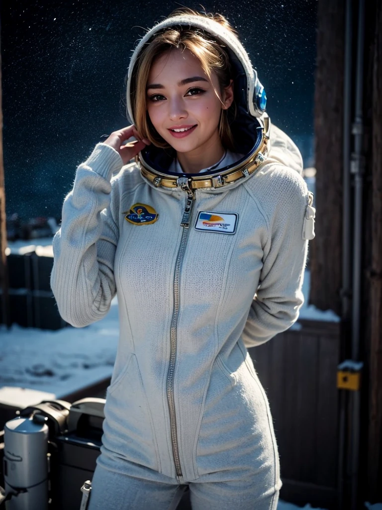 (smile)、(((Staring at the audience)))、((Wearing a space suit standing on the moon)),((White bikini shorts))、(((Spacewalk)))、wear spacesuits, 白いDressed in an astronaut costume, Cute girl in a tank top, girl in space, In space, (((Dressed in an astronaut costume))), woman astronaut, ((Open stance on the moon))、((Sexy young woman's body:1.4))、(dance)、Large bust、
