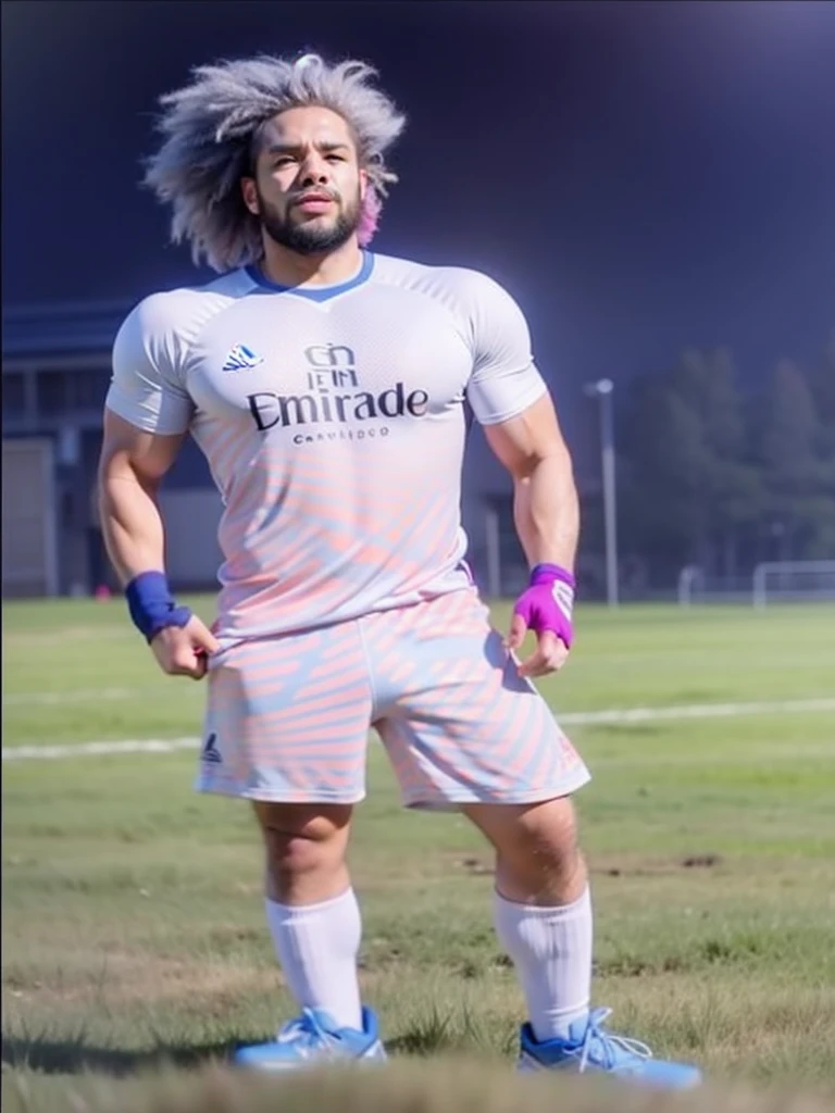 Homem Soccer Player, blue hair, pink chin beard.
