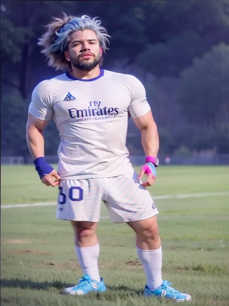 Homem Soccer Player, blue hair, pink chin beard.