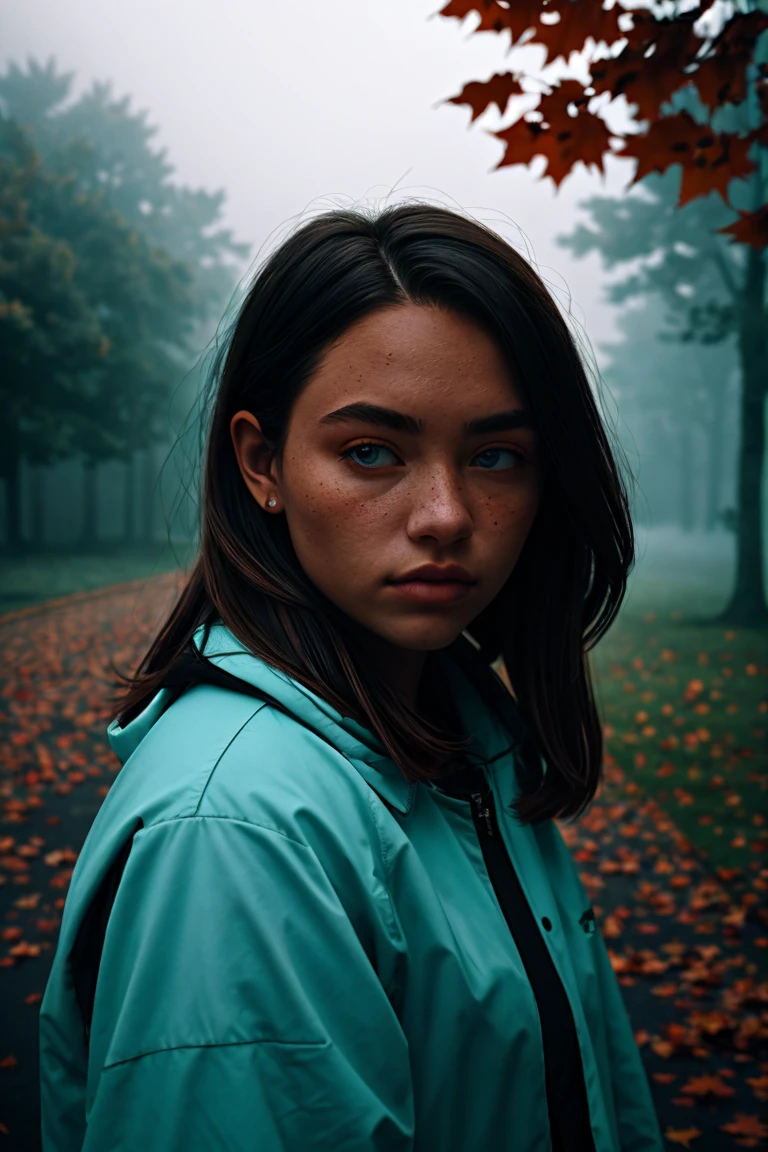 (high detail:1.2) portrait, young woman,(Cinematic lighting, Gentle colors),(falling leaves:1.2), Calm lighting, wind, fog. turquoise, delta shades. banner of discord