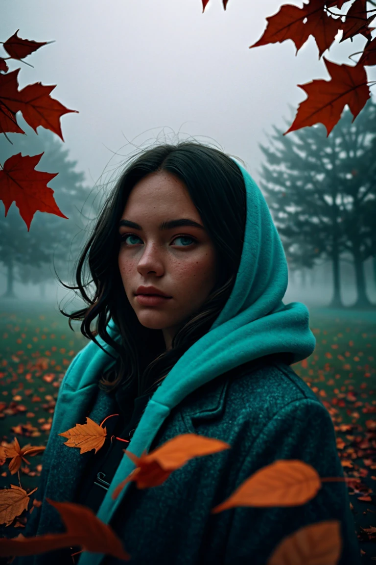 (high detail:1.2) portrait, young woman,(Cinematic lighting, Gentle colors),(falling leaves:1.2), Calm lighting, wind, fog. turquoise, delta shades. banner of discord