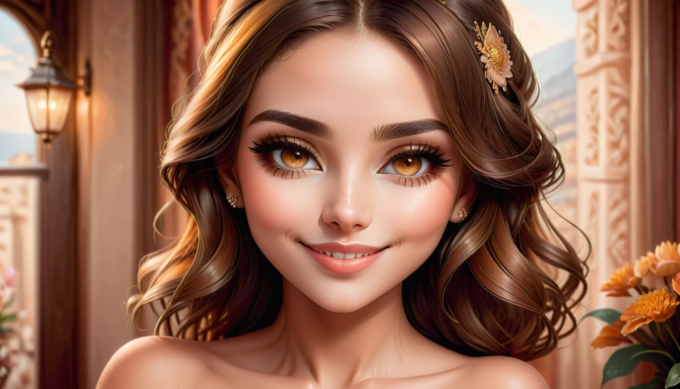 A young woman, beautiful detailed eyes, beautiful detailed lips, extremely detailed face and skin, long eyelashes, blowing a kiss to the viewer, smiling, elegant expression, soft lighting, warm color tones, cinematic composition, (best quality,4k,8k,highres,masterpiece:1.2),ultra-detailed,(realistic,photorealistic,photo-realistic:1.37),portrait,natural lighting,detailed background,intricate details,warm color palette,dreamy atmosphere