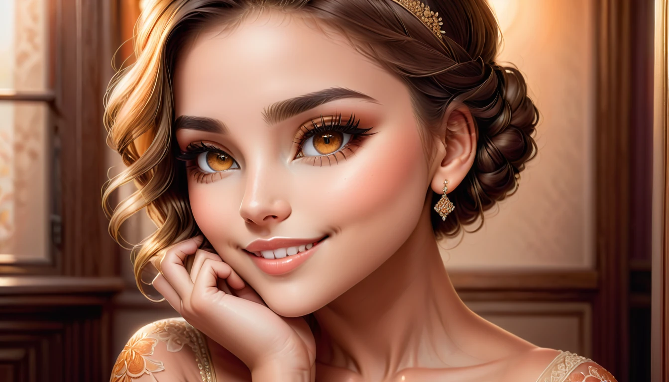 A young woman, beautiful detailed eyes, beautiful detailed lips, extremely detailed face and skin, long eyelashes, blowing a kiss to the viewer, smiling, elegant expression, soft lighting, warm color tones, cinematic composition, (best quality,4k,8k,highres,masterpiece:1.2),ultra-detailed,(realistic,photorealistic,photo-realistic:1.37),portrait,natural lighting,detailed background,intricate details,warm color palette,dreamy atmosphere