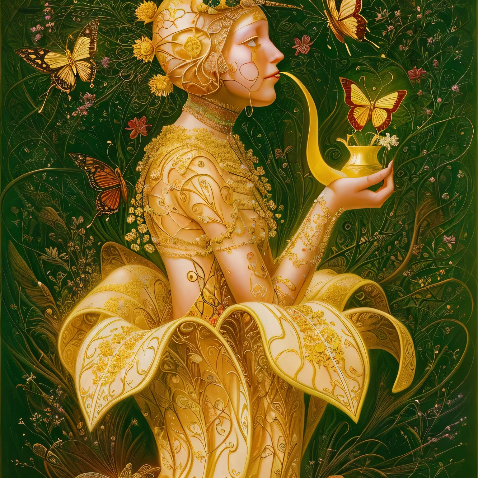 painting of a woman with a flower and a butterfly in her hand, inspired by James C. Christensen, inspired by Victor Nizovtsev, by Victor Nizovtsev, art deco flower shaman, magical realism bizarre art, inspired by Remedios Varo, michael hutter, by tomasz alen kopera, fantasy oil painting, surreal oil painting