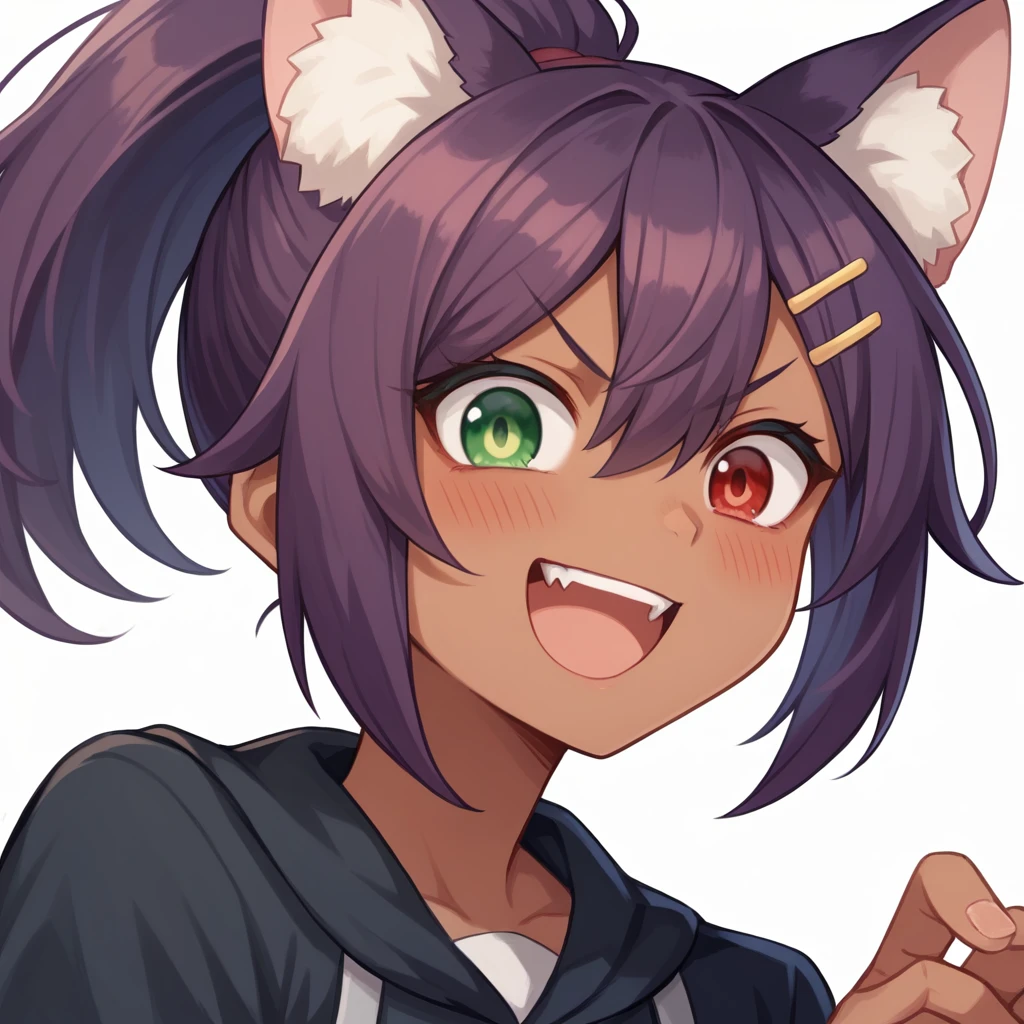 High resolution,One girl,Animal ears,Kemomimi,bangs,Brown Hair,blush,Heterochromia iridis,Red Eye,Green Eyes,Strange red and green eyes,Open your mouth,tooth,Dark skinned women,Hair between the eyes,hair ornaments,Hair Clip,View your viewers,smile,alone,V-shaped eyebrows,ponytail,Short, unkempt hair,Purple Hair,2 colors or more,White Background,Simple Background,