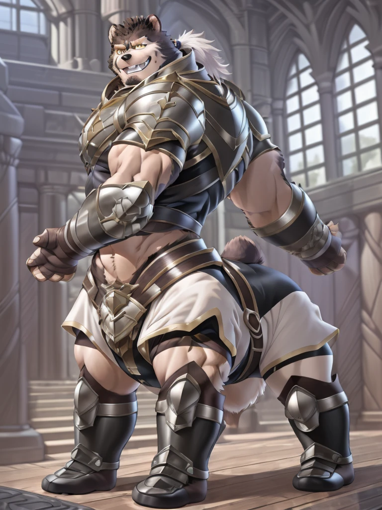 solo, anthro, furry, fur taur, furry male, beartaur, ((fluffy fur, fluffy, furry taur body)), (brown fur, bear print), brown body, white hair, snout, black nose, yellow eyes, detailed teeth, detailed face, detailed bear paws, detailed bear tail, spike ponytail, detailed fluffy fur, detailed face, detailed eyes, detailed body, revealing armor, detailed face, detailed eyes, full body, fantasy grand hall, (by null-ghost, by raccoon21, masterpiece, high quality, hi-res,8k), standing, indoor, happy expression, day, smirk, dynamic pose, hand wraps, detailed hands