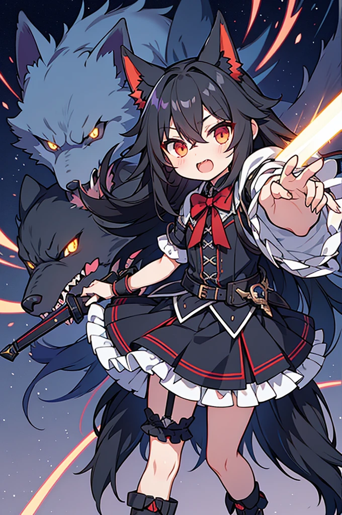 black long straight hair shota,hyper cute fenrir shota,ultra frilly miniskirt dress,holding glowing claw weapon,fenrir's claw attack,garter belt,