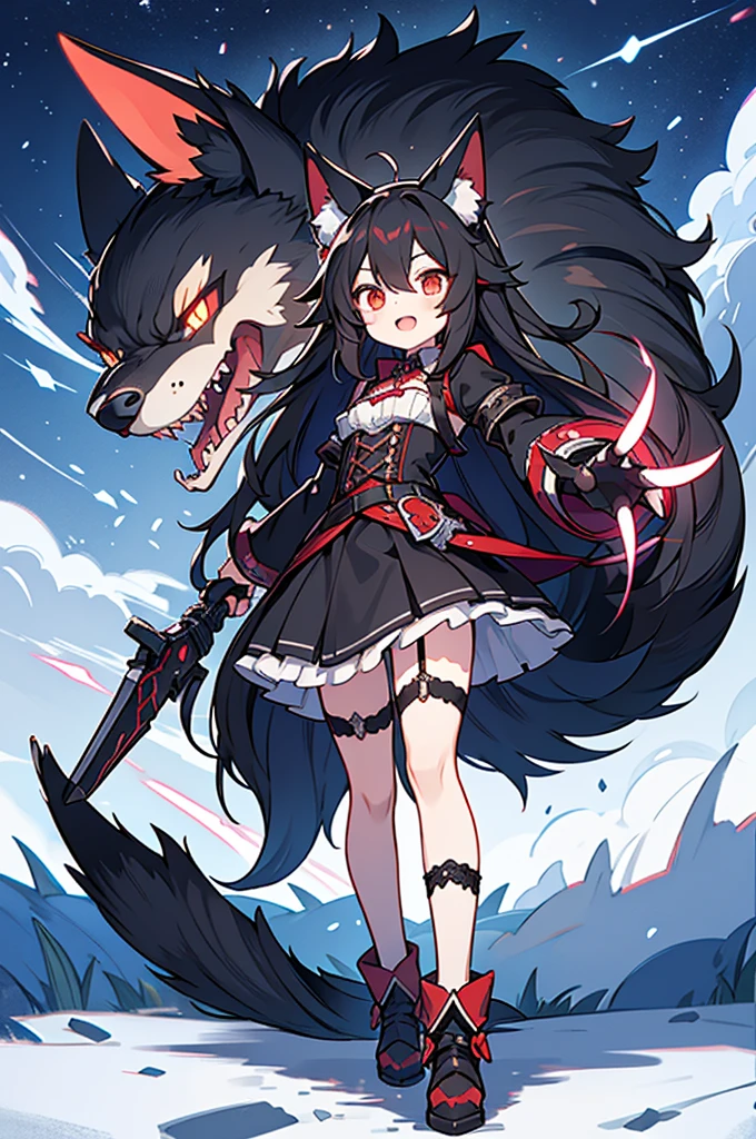 black long straight hair shota,hyper cute fenrir shota,ultra frilly miniskirt dress,holding glowing claw weapon,fenrir's claw attack,garter belt,