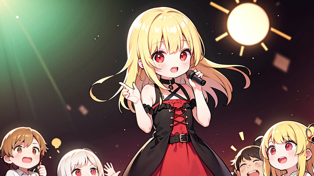 pretty girl, (??? 1.3), cute, happy, blonde hair, Two-pronged, red eyes, singing a song