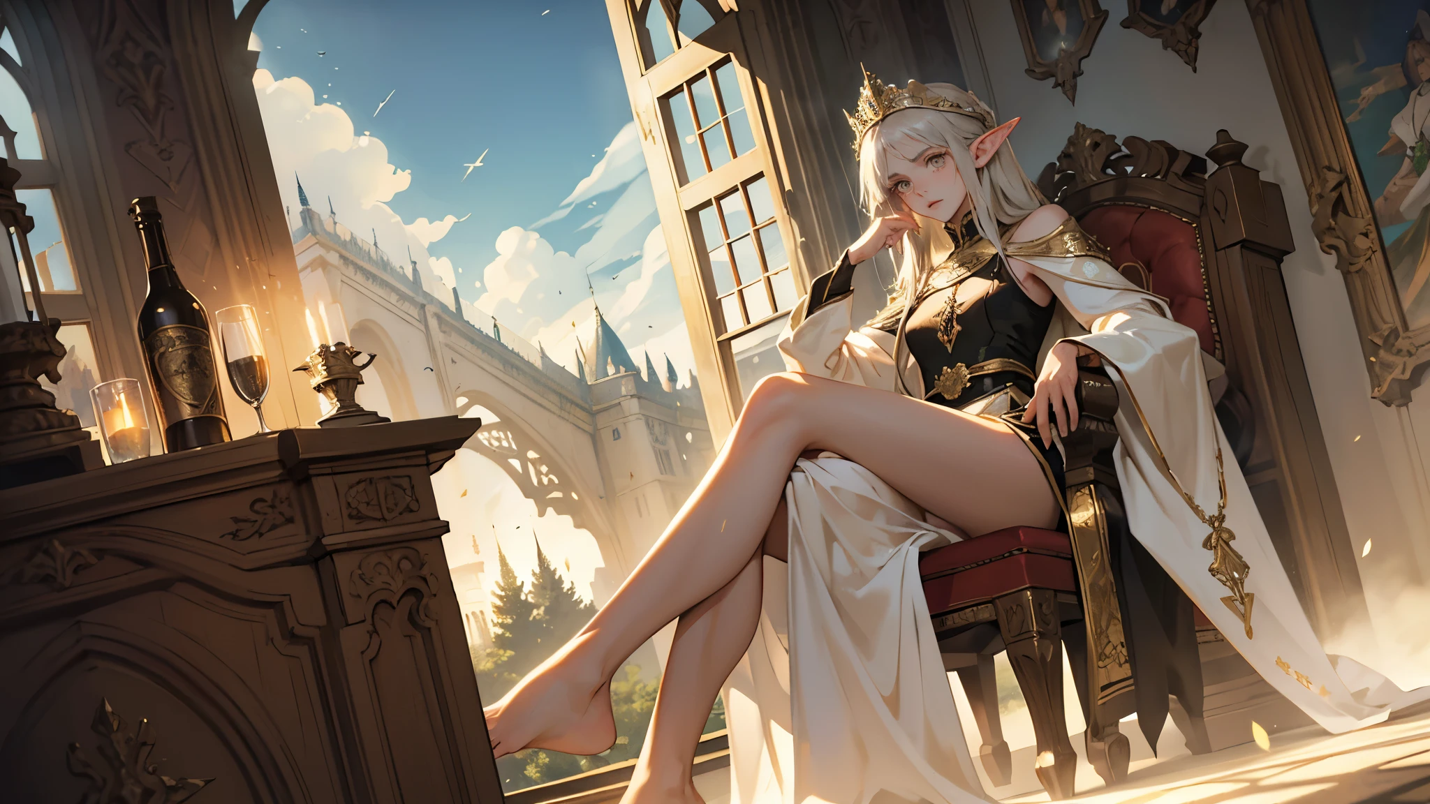 masterpiece, ultra detailed, 8K Portrait, Raw photo, a portrait photo of girl, Highly detailed face, beautiful and meticulous eyes, ((Fantasy)), (elf:1.0), 1woman, 30 year old, gray long hair, brown eyes, (melancholy expression:1.2), tiara, skinny, (ultra thin transparent gold silk cloth), hooded long white coat Fluttering in the wind, ((bare foots)), Midday Sun, Hyper realistic, out of medieval castle in the sky, sitting on the throne, Ambient lighting, Shadow details , strong breeze, Light fog