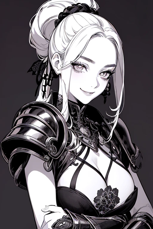 Highest quality, (Background details), High Contrast, Very beautiful woman, Detailed original illustrations、Functional、Warrior、armor、pocket、Delicate face、Fascinating、Villainess、sexy、Real breasts、Crazy Smile, Crazy Eyes, Head close-up, Black background, (Black background: 1.5), Beautiful line art、Monochrome