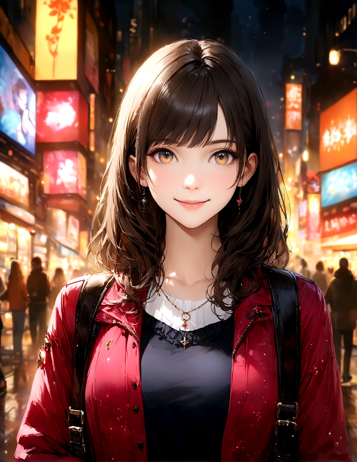 Shinjuku, Cute casual clothes,On a date,Blur the background,high school girl,smile,Glitter effect,Highest quality, 4K, 8K, High resolution, masterpiece:1.2, Very detailed, Realistic:1.37, High resolution, 超High resolution, Ultra-fine painting, Sharp focus, Physically Based Rendering, Very detailedな説明, Professional, Vibrant colors